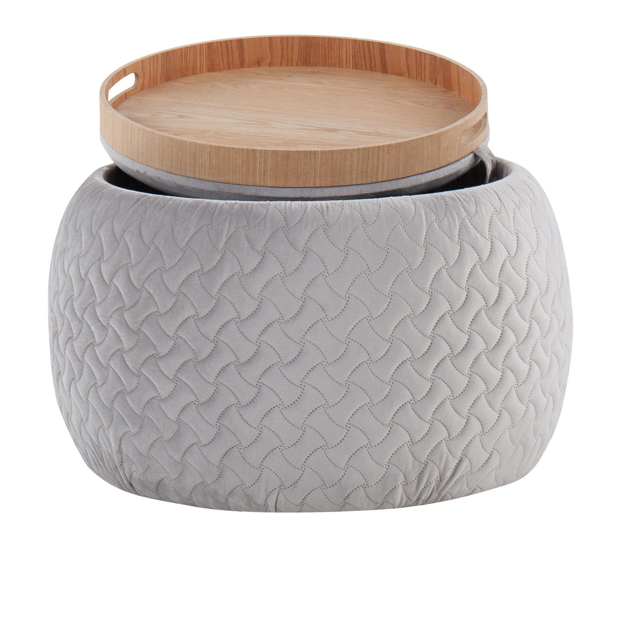 Tray - Pouf Contemporary Ottoman - Natural Wood And Silver Velvet