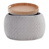 Tray - Pouf Contemporary Ottoman - Natural Wood And Silver Velvet