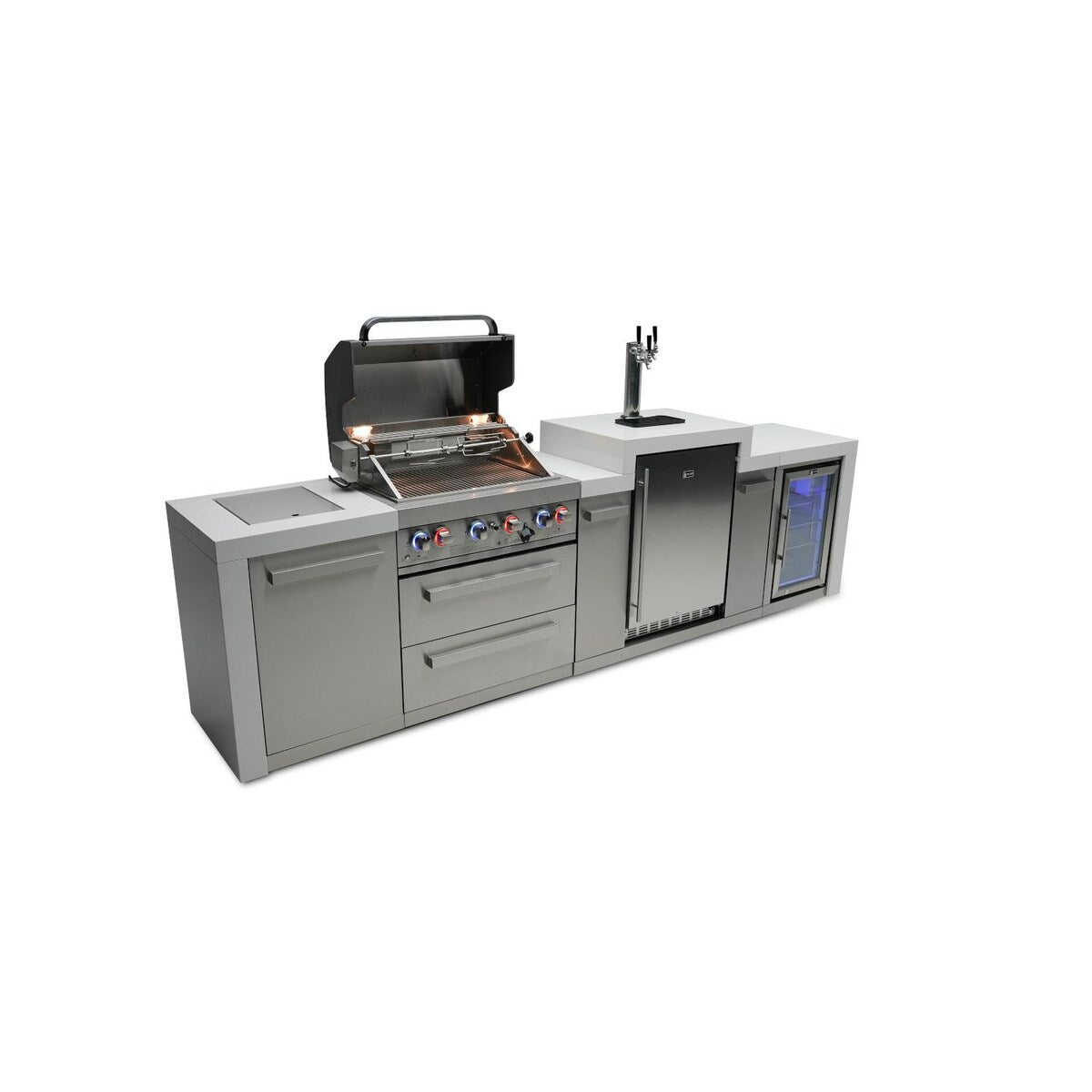 Mont Alpi Deluxe Series 11 Ft Propane Outdoor Kitchen Island w/ Side Burner, Kegerator & Fridge - MAi400-DKEGFC