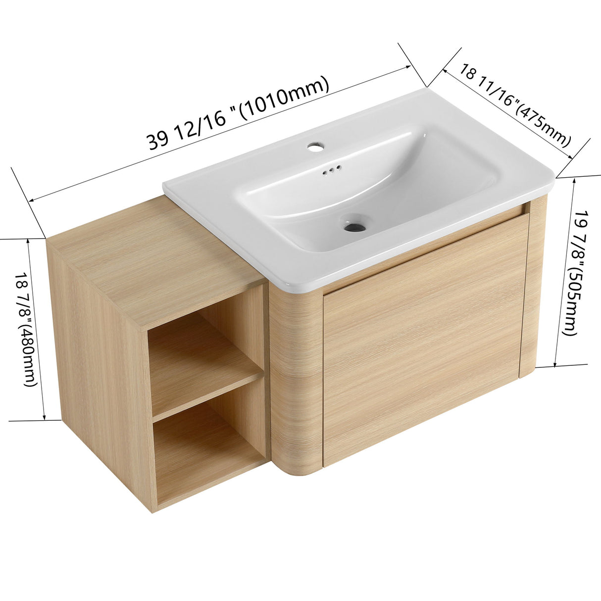 Wall Mounted Bathroom Vanity & Sink, Storage Shelves & Soft Close Door