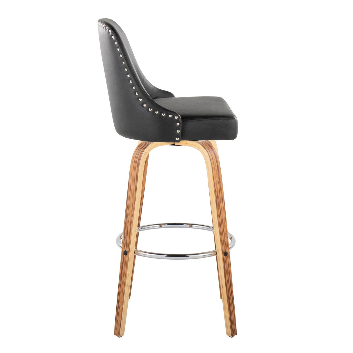 Marcel - 30" Fixed-Height Barstool With Swivel And Round Chrome Metal Footrest (Set of 2) - Zebra Wood And Black Faux Leather With Chrome Nailhead Trim