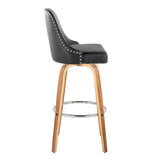 Marcel - 30" Fixed-Height Barstool With Swivel And Round Chrome Metal Footrest (Set of 2) - Zebra Wood And Black Faux Leather With Chrome Nailhead Trim