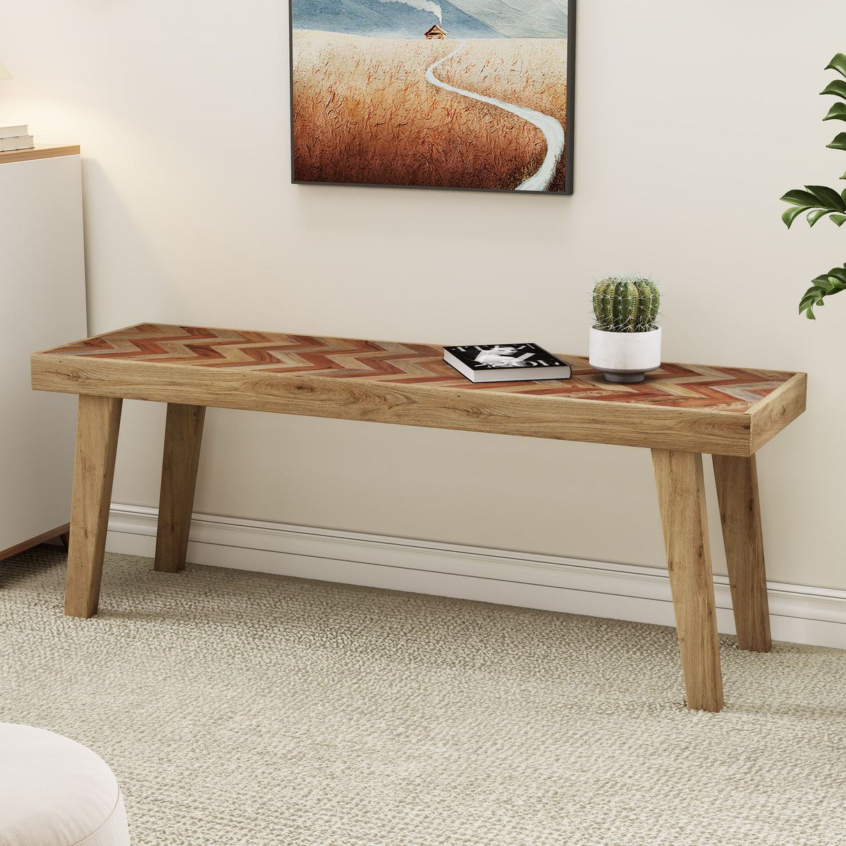 Artisan - Handcrafted Mango Wood Bench Rustic Boho Style - Natural
