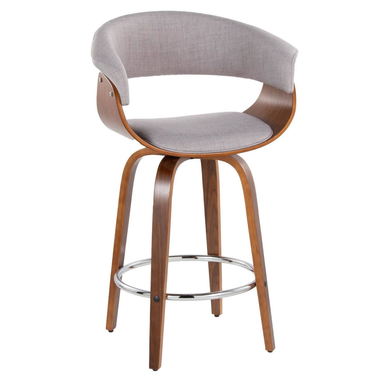 Vintage Mod - 26" Fixed-Height Counter Stool With Swivel (Set of 2) - Walnut Wood And Stone Fabric With Round Chrome Metal Footrest