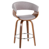 Vintage Mod - 26" Fixed-Height Counter Stool With Swivel (Set of 2) - Walnut Wood And Stone Fabric With Round Chrome Metal Footrest