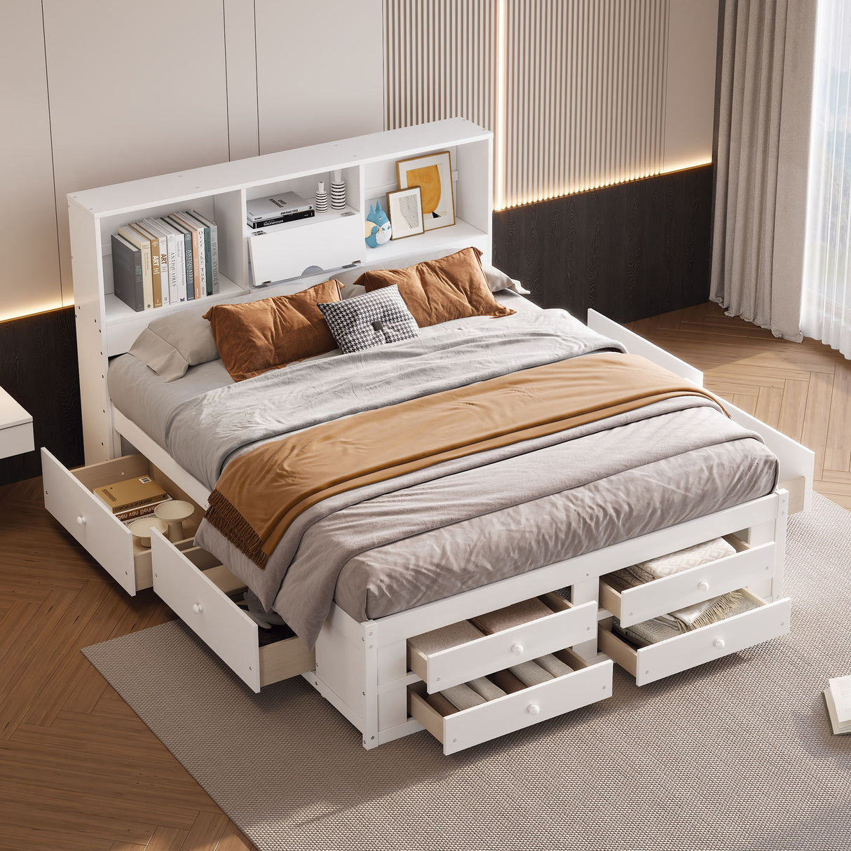 Platform Bed With Storage Headboard And 8 Drawers