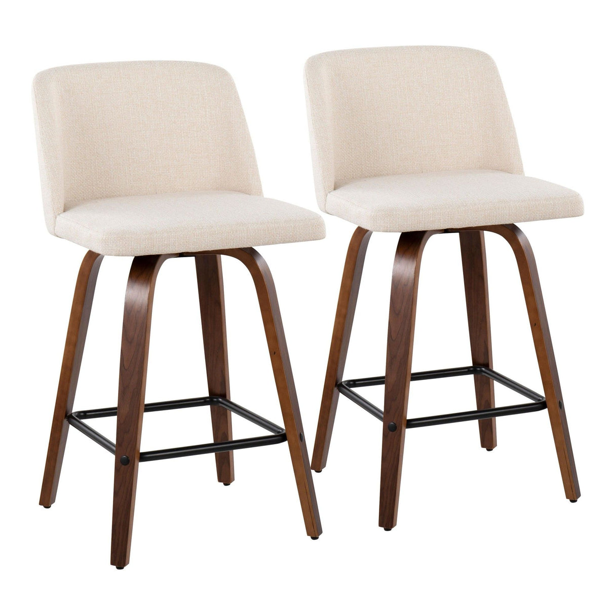 Tintori - Fixed-Height Counter Stool (Set of 2) - Walnut Wood With Square Black Footrest And Cream Noise Fabric