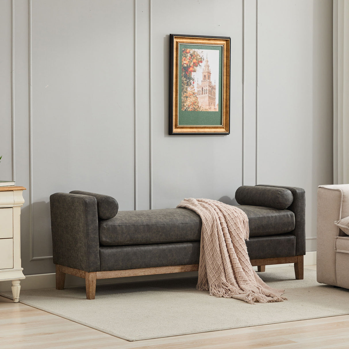 Elegant Upholstered Bench Daybed Ottoman With Bolster Pillows