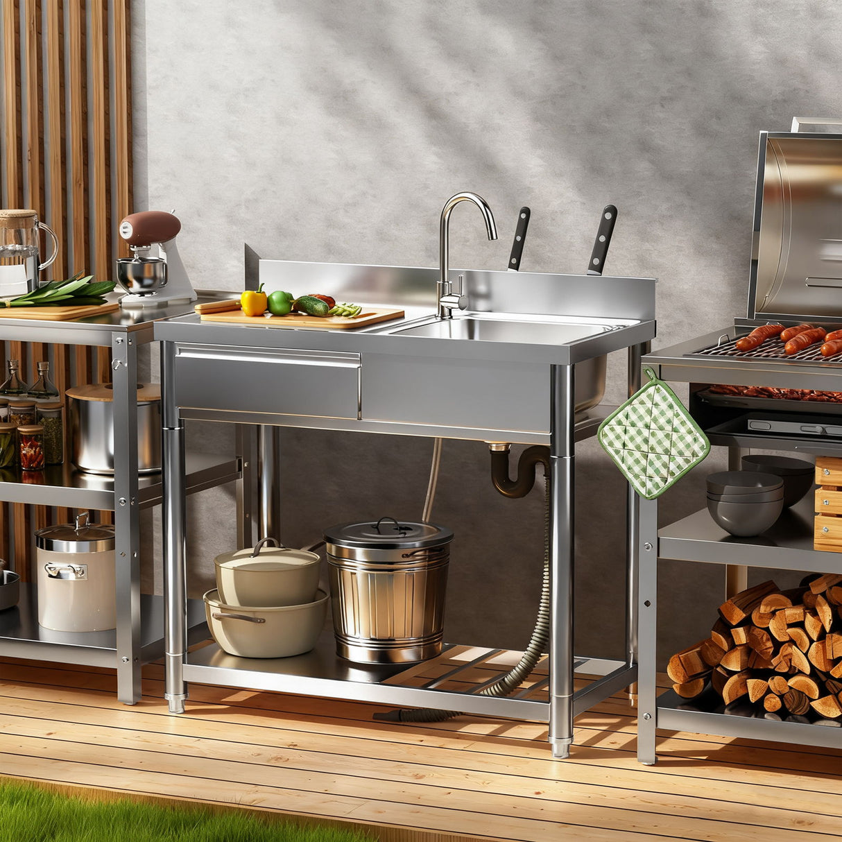 Outdoor Utility Sink With Workbench & Storage Shelf, Freestanding Prep Table With Left Drawer, Garden Patio Sink Station With 360° Hot & Cold Water Faucet - Silver
