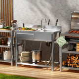 Outdoor Utility Sink With Workbench & Storage Shelf, Freestanding Prep Table With Left Drawer, Garden Patio Sink Station With 360° Hot & Cold Water Faucet - Silver