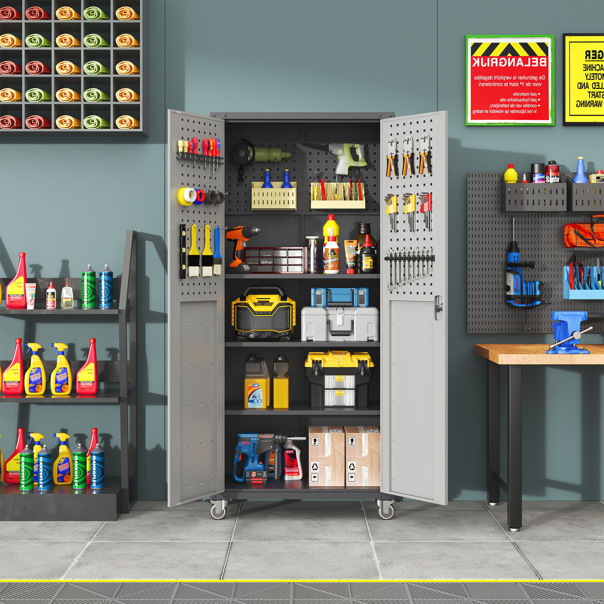 Metal Garage Storage Cabinet With Wheels Heavy Duty Tool Storage Cabinet - Brushed Nickel