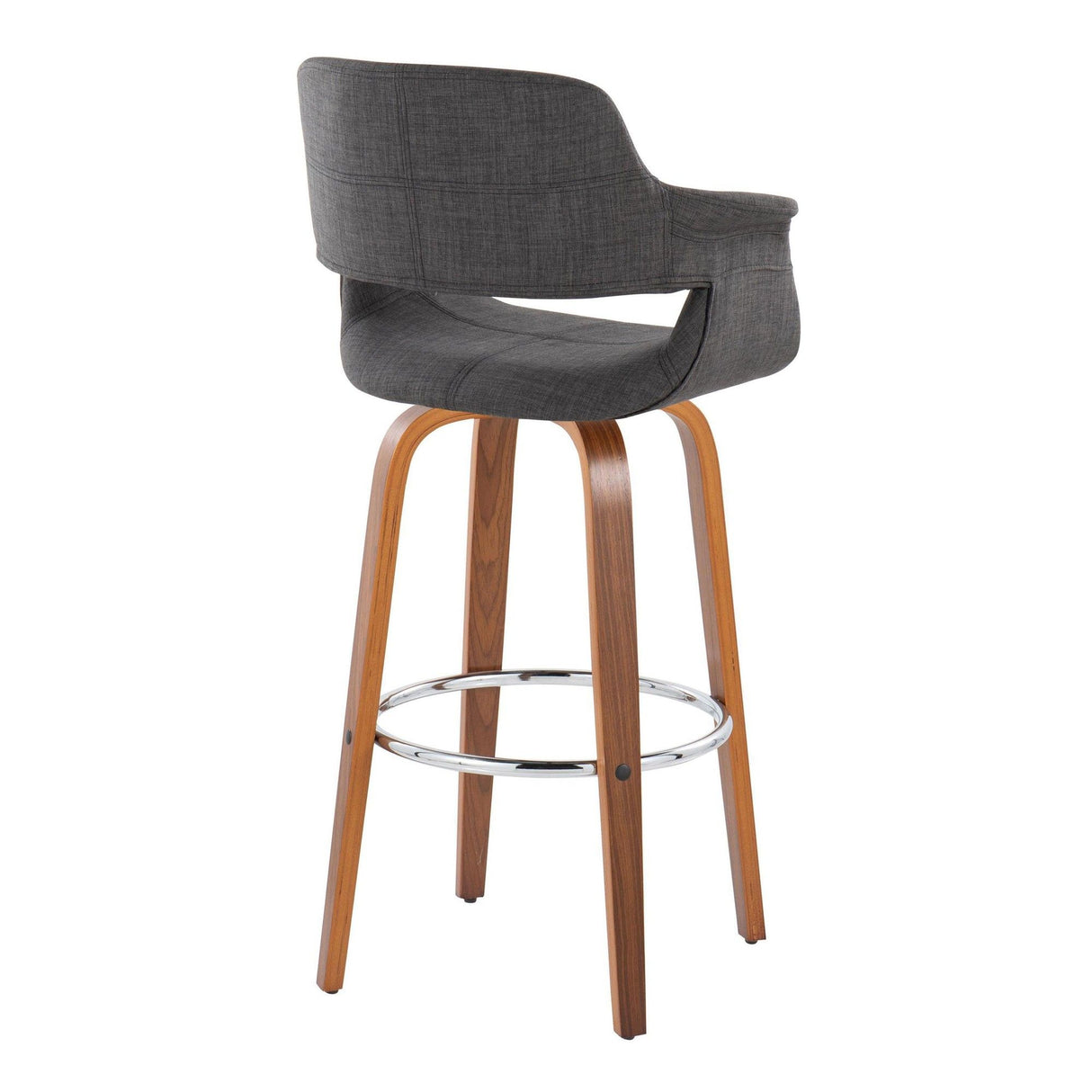 Vintage Flair - Mid-Century Modern Fixed-Height Swivel Barstool (Set of 2) - Walnut Wood And Charcoal Fabric With Round Chrome Metal Footrest