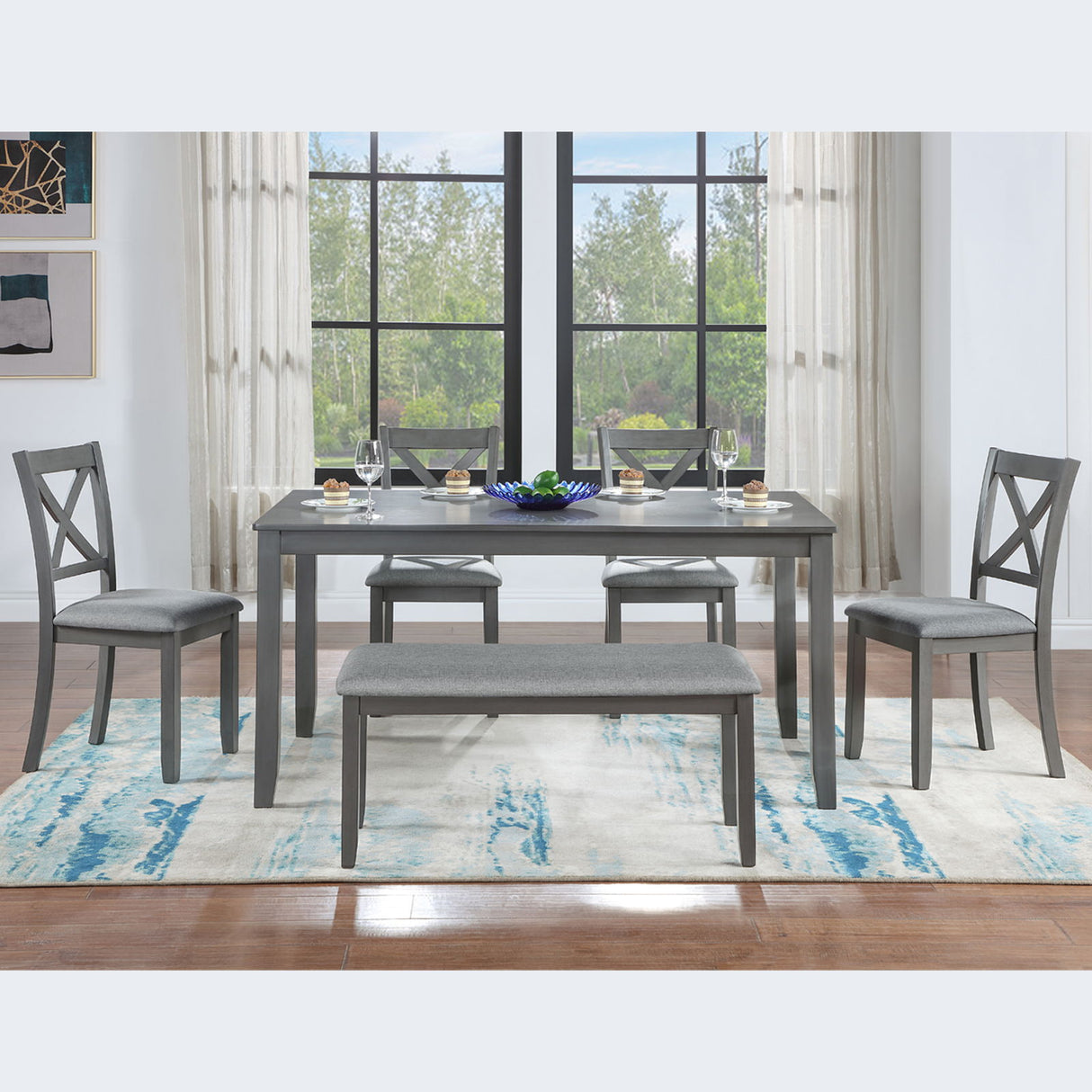6 Pieces Kitchen Dining Set, Rectangular Wooden Dining Table With 4 Chairs And A Bench