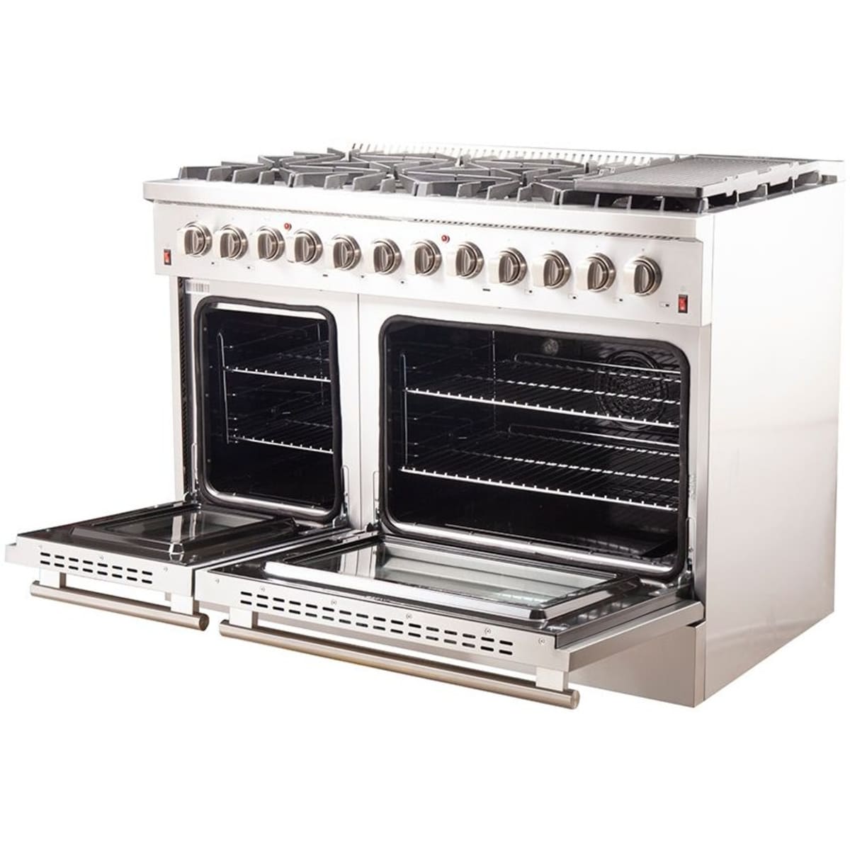 Forno Galiano FFSGS615648 48 Inch Freestanding Dual Fuel Range with 8 Sealed Burners, 6.58 cu. ft. Total Capacity, Continuous Cast Iron Grates, Griddle, and LP Conversion Kit Included: Stainless Steel