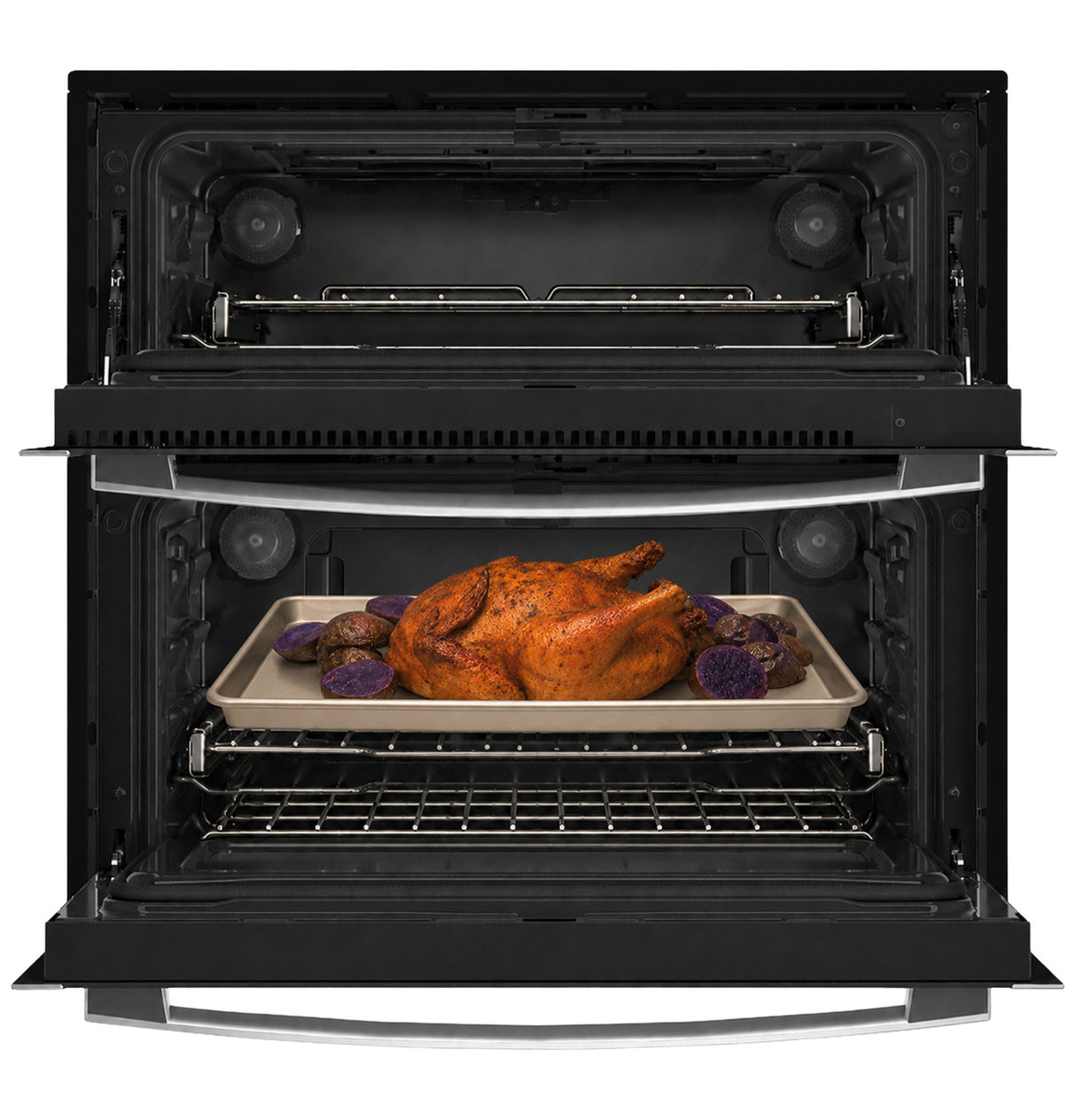GE Profile PTS9200SZSS Twin Flex wall oven with doors open