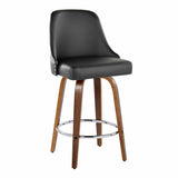 Marcel - 27" Fixed-Height Counter Stool With Swivel And Round Chrome Metal Footrest (Set of 2) - Walnut Wood And Black Faux Leather With Chrome Nailhead Trim