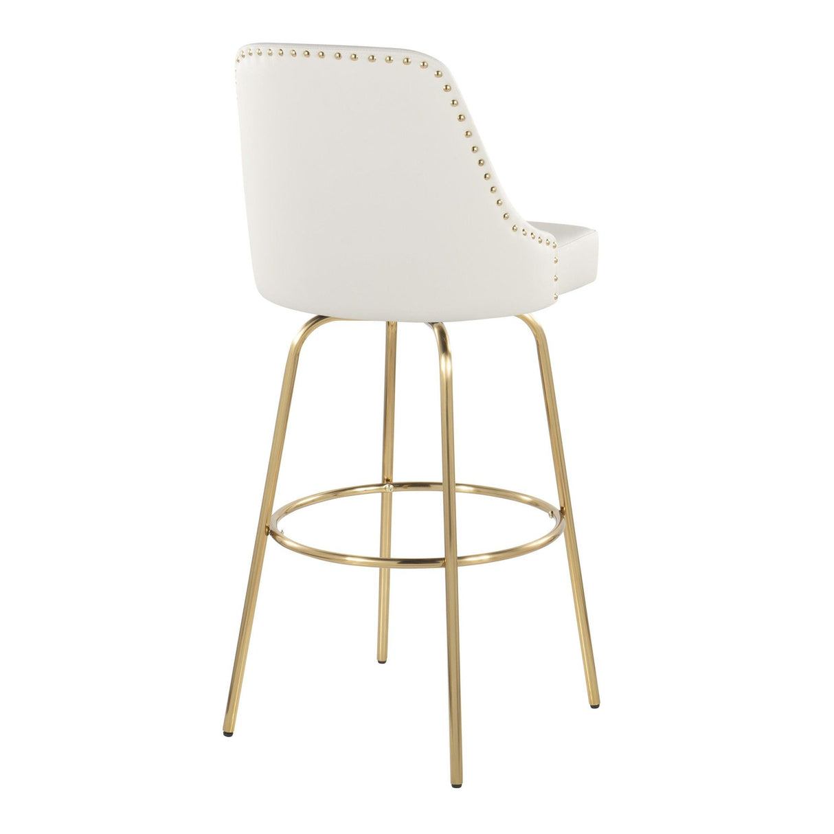 Marcel - 30" Fixed-Height Barstool With Swivel And Round Gold Metal Footrest (Set of 2) - Gold Metal And White Faux Leather With Gold Nailhead Trim