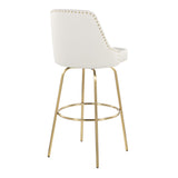 Marcel - 30" Fixed-Height Barstool With Swivel And Round Gold Metal Footrest (Set of 2) - Gold Metal And White Faux Leather With Gold Nailhead Trim