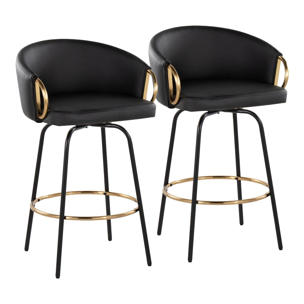Claire - 26" Fixed-Height Counter Stool With Swivel And Round Gold Metal Footrest (Set of 2) - Black Metal