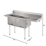 57 in. 18-Gauge 2-Compartment Commercial Sink with Backsplash and 18 in. Right Drainboard, Bowl Dimensions 18"x18"x14" in Stainless-Steel (KM-SB181814-18R3)