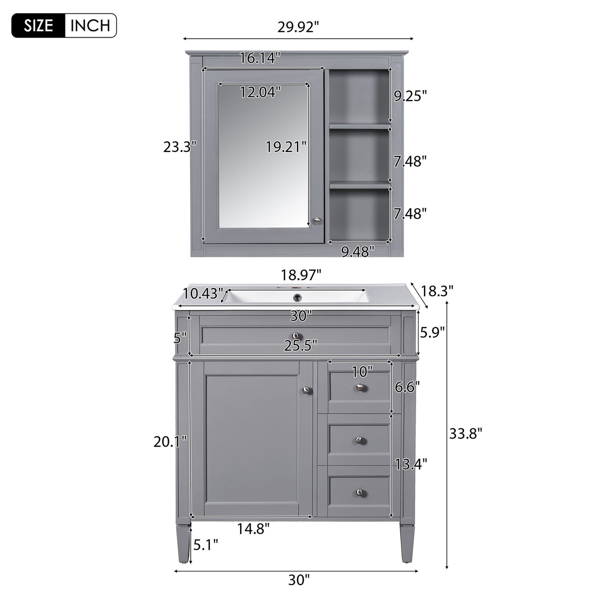 Bathroom Vanity With Top Sink, Freestanding Storage Cabinet With 2 Doors And 3 Drawers, Mirror Cabinet Included - Gray