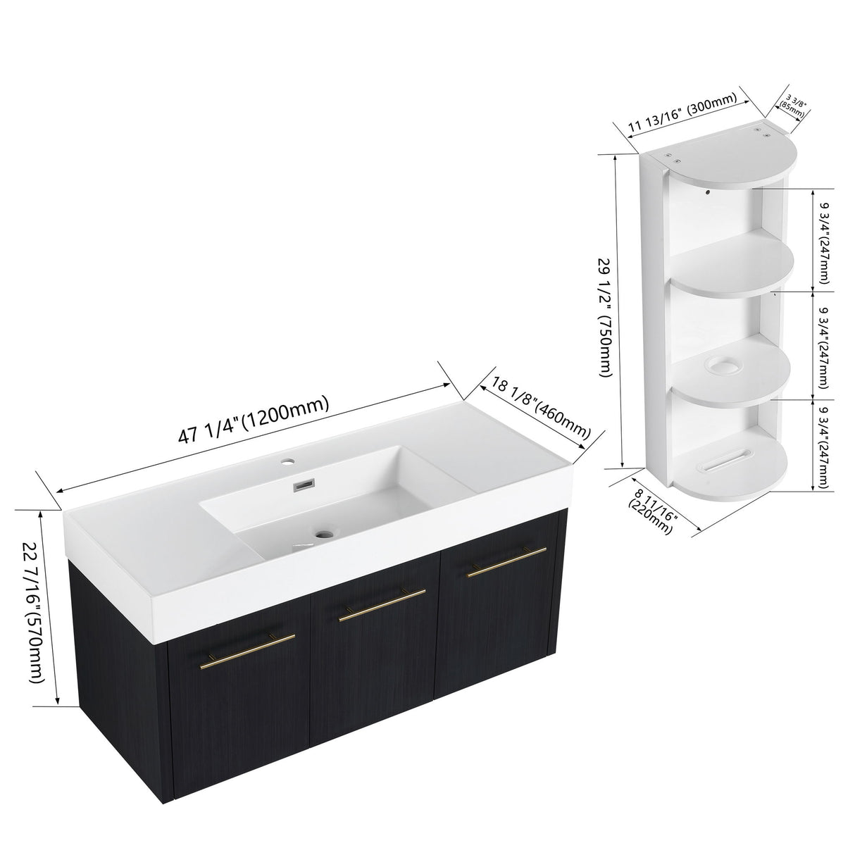 Modern Wall Mounted Bathroom Vanity With Thick Edge Resin Sink And Storage Rack