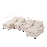 U Shaped Sofa With Console, Cupholders, USB Ports, 6 Seat, Bronzing Suede & Chenille