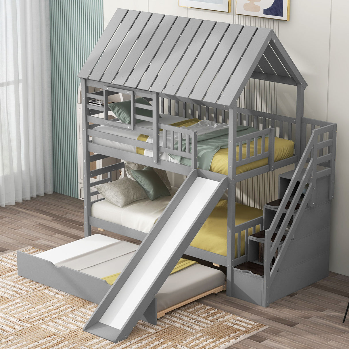 House Bunk Bed With Trundle, Storage Staircase, Roof And Window Design