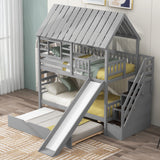 House Bunk Bed With Trundle, Storage Staircase, Roof And Window Design