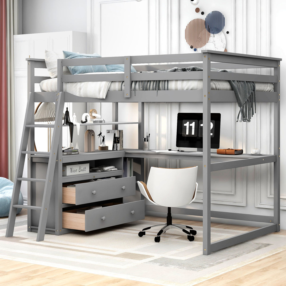 Modern Loft Bed With Built In Desk, Shelves, And 2 Drawers