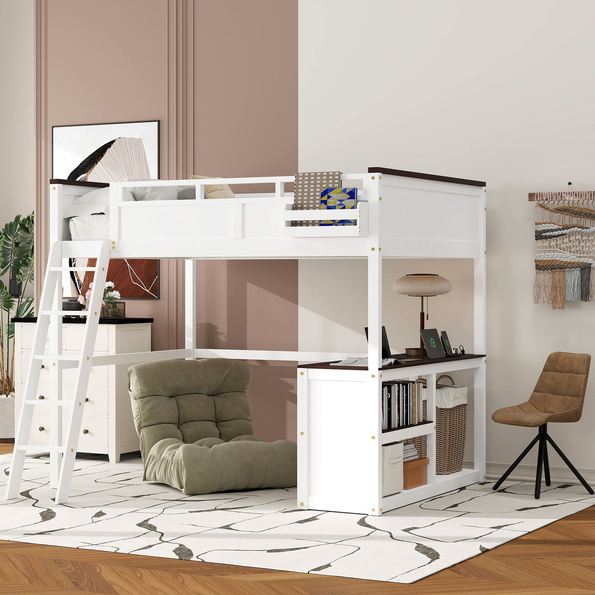Queen Size Loft Bed With Desk, Open Shelf, Storage Box And USB Charging Station - White