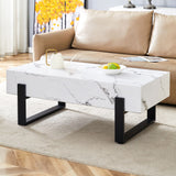 Minimalist Marble Patterned Coffee Table With Black Metal Legs - White / Black