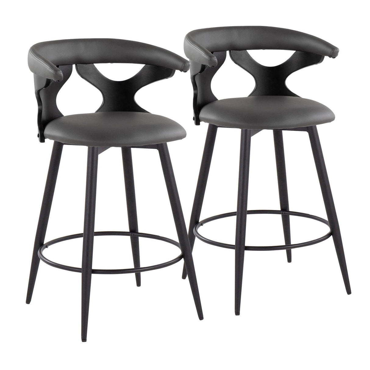 Gardenia - 25" Fixed-Height Counter Stool With Swivel And Rounded Black Metal Footrest (Set of 2) - Black Metal, Black Wood And Gray Faux Leather
