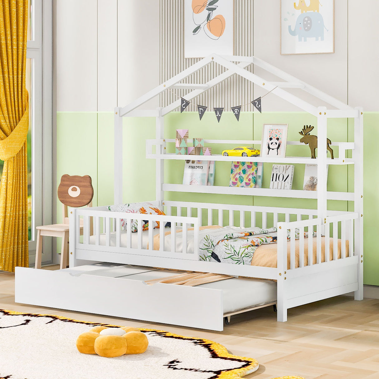 Playhouse Bed With Trundle, Kids Bed With Shelf