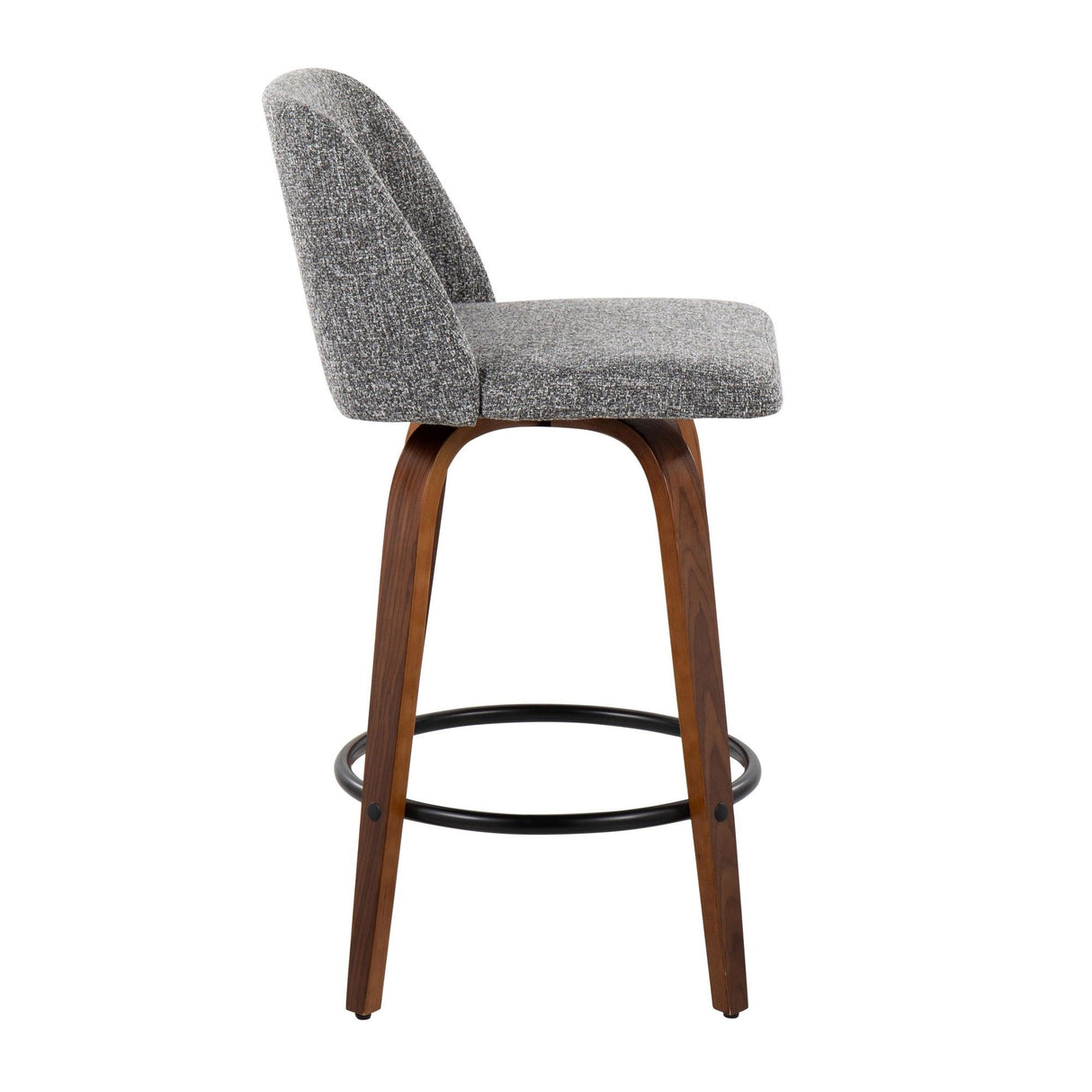 Toriano - Fixed-Height Counter Stool (Set of 2) - Walnut Wood With Round Black Footrest And Gray Noise Fabric