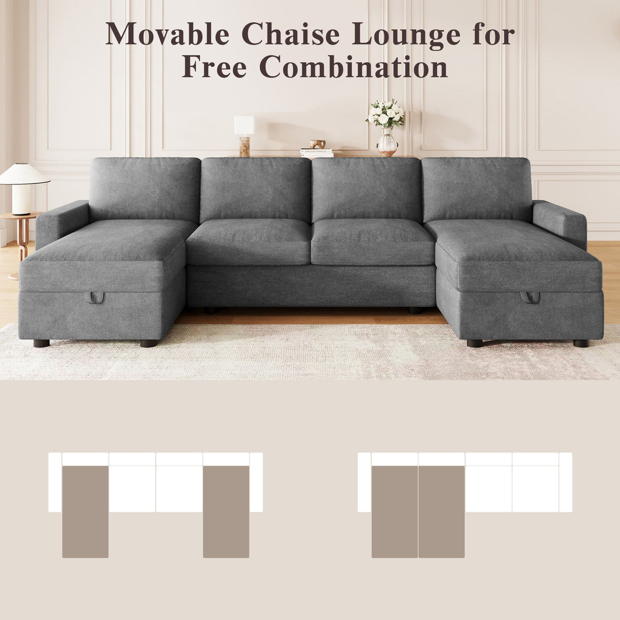 Convertible Sectional Sofa With Storage Chaise Lounges And USB Ports