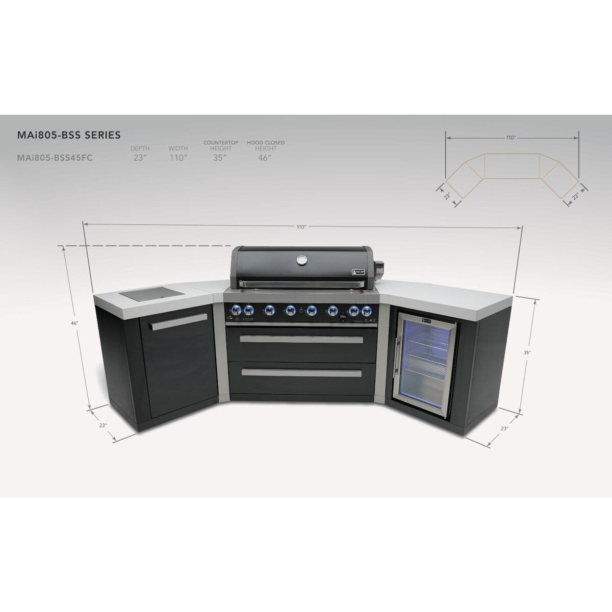 Mont Alpi Black Series 10 Ft U-Shaped Propane Outdoor Kitchen Island w/ Side Burner & Fridge - MAi805-BSS45FC