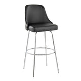 Studded - Marcel Fixed-Height Barstool (Set of 2) - Chrome Metal, Black Faux Leather