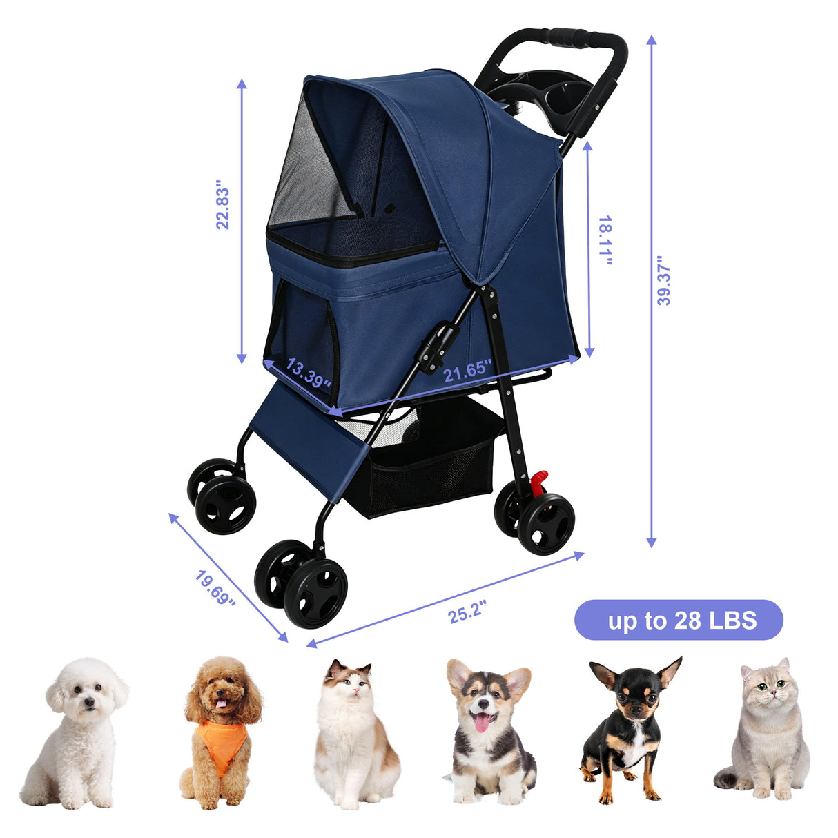 Foldable Pet Stroller For Small Dogs And Cats With Multi Functional Tray