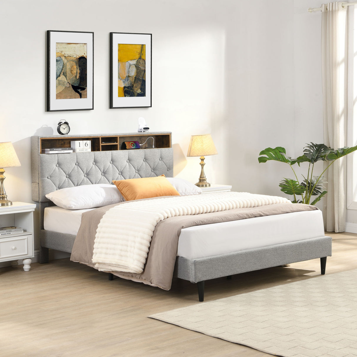 Modern Upholstered Platform Bed Frame With Button Tufted Headboard And USB Ports