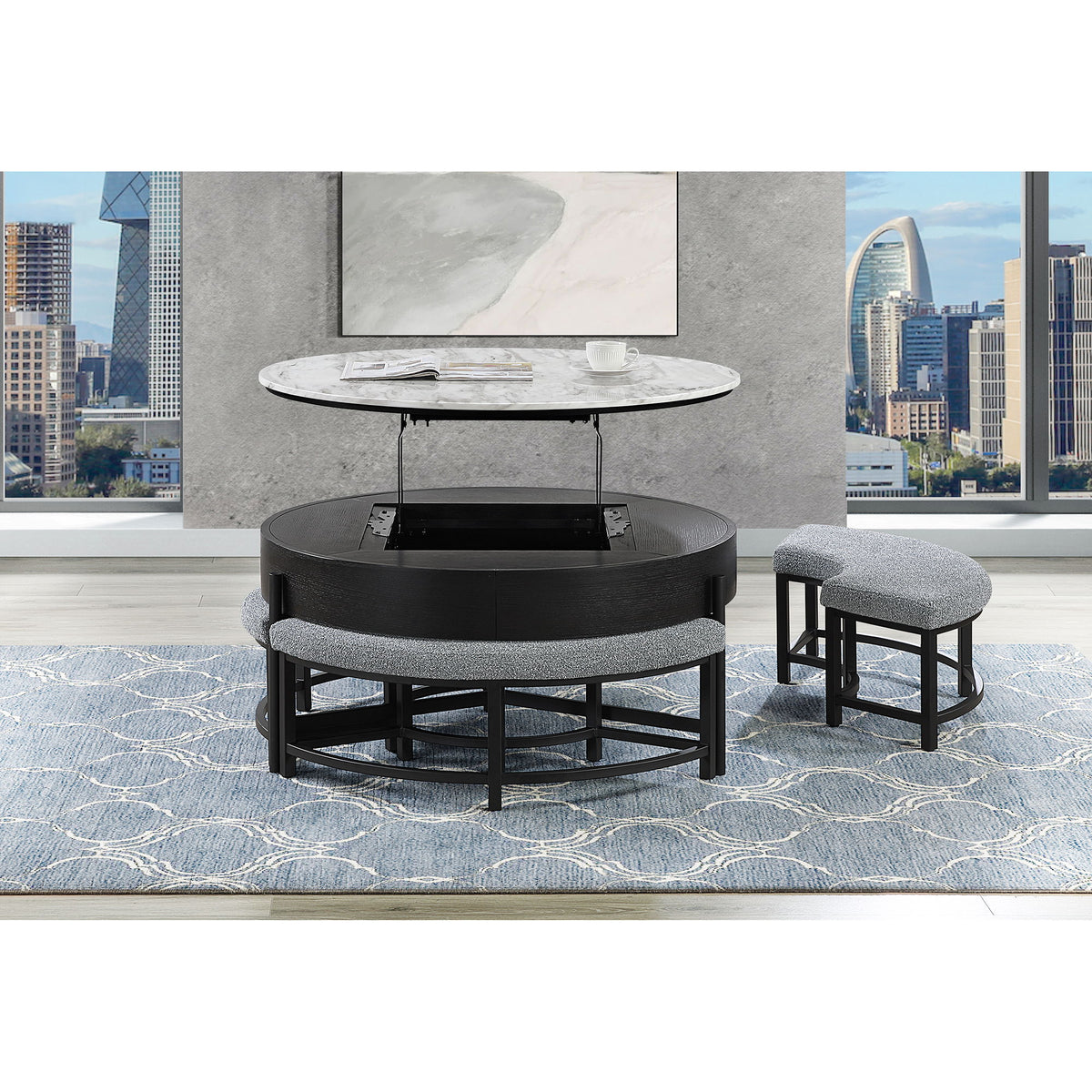 Rounded Storage Coffee Table With 3 Stools