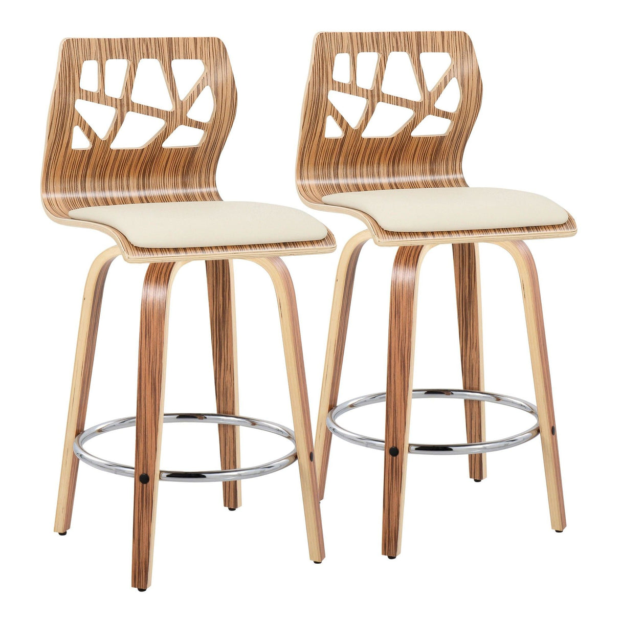 Folia - Contemporary Fixed-Height Swivel Counter Stool (Set of 2) - Zebra Wood And Cream Faux Leather With Round Chrome Metal Footrest
