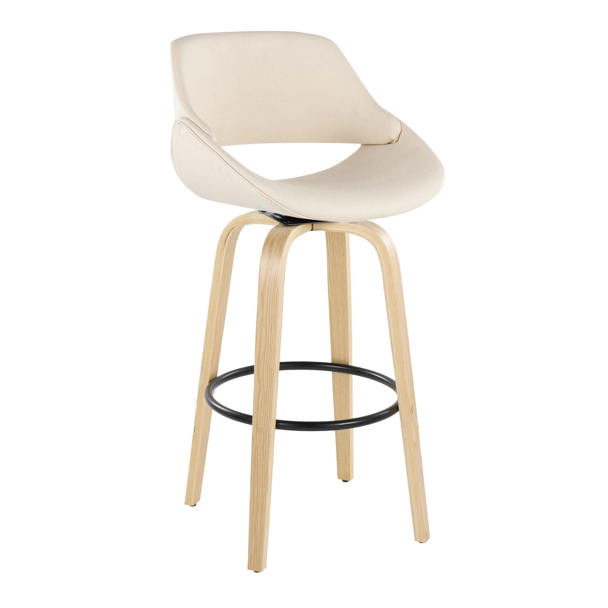 Fabrizzi - 30" Fixed-Height Barstool With Swivel And Round Black Metal Footrest (Set of 2) - Natural Wood