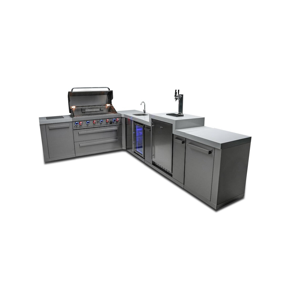 Mont Alpi Original Series 8 Ft L-Shaped Propane Outdoor Kitchen Island w/ Side Burner, Beverage Center, & Kegerator - MAi805-90KEGBEV