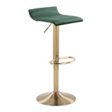 Ale - Contemporary/Glam Adjustable Height Swivel Barstool (Set of 2) - Gold Brushed Metal And Green Velvet With Oval Footrest