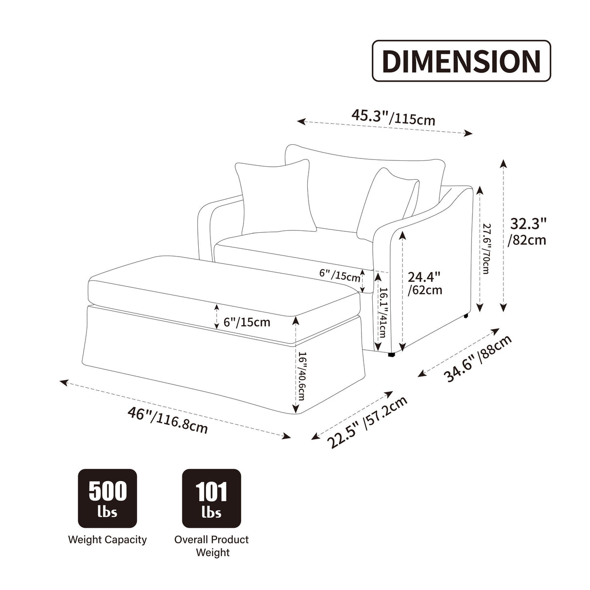 Accent Chair Wide With 2 Bolster Pillows, And Matching Ottoman