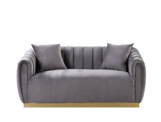 Elchanon - Loveseat With 2 Pillows - Gray Velvet & Gold