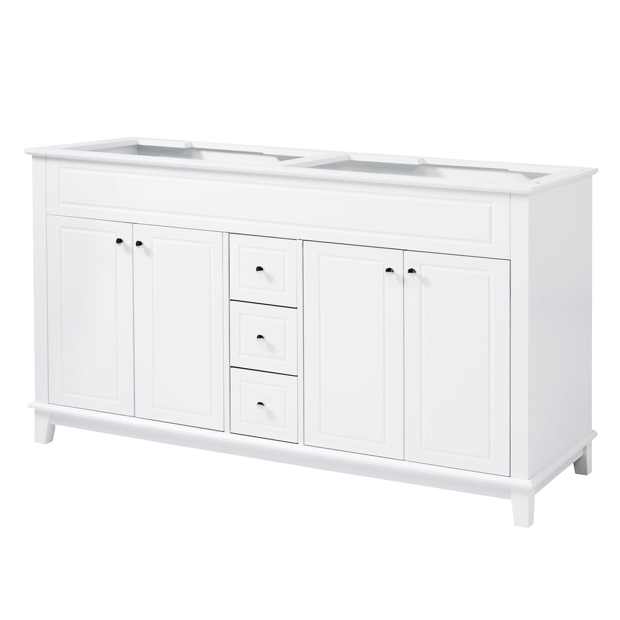 Bathroom Vanity Cabinet Only, 3 Drawers & 4 Doors With Double Layer Shelves - White