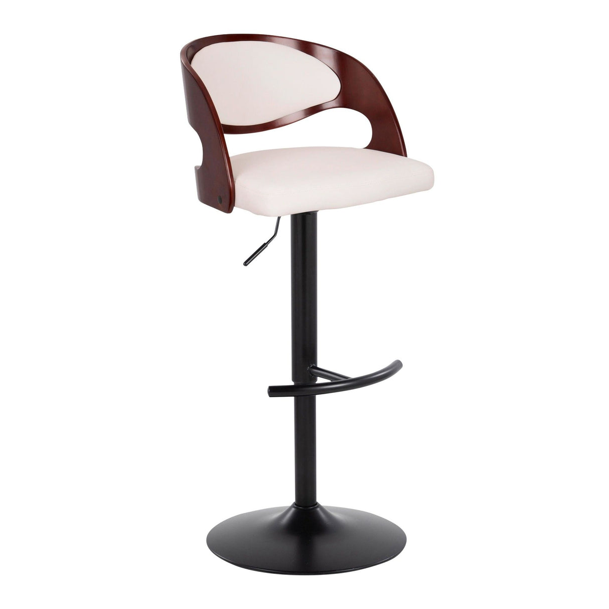 Pino - Mid-Century Modern Adjustable Swivel Barstool (Set of 2) - Black Metal, Cherry Wood And White Faux Leather With Rounded T Footrest