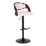 Pino - Mid-Century Modern Adjustable Swivel Barstool (Set of 2) - Black Metal, Cherry Wood And White Faux Leather With Rounded T Footrest